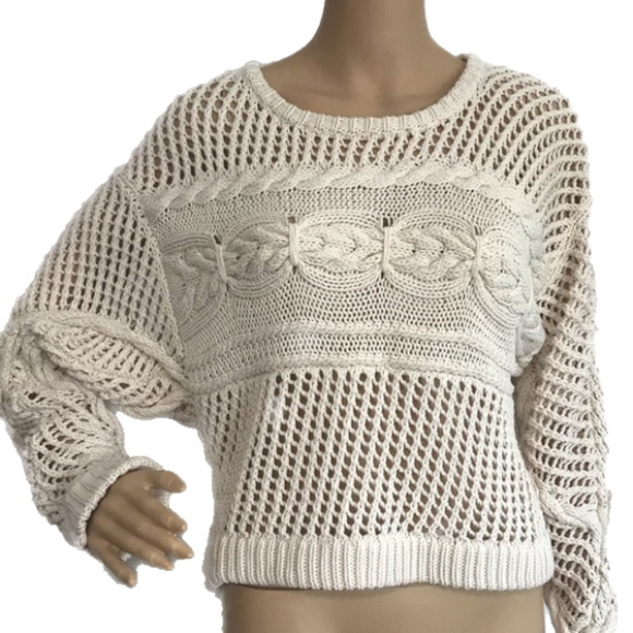 525 America Sweaters - Ivory Cotton Blend Open Funky Cable Knit Sweater M